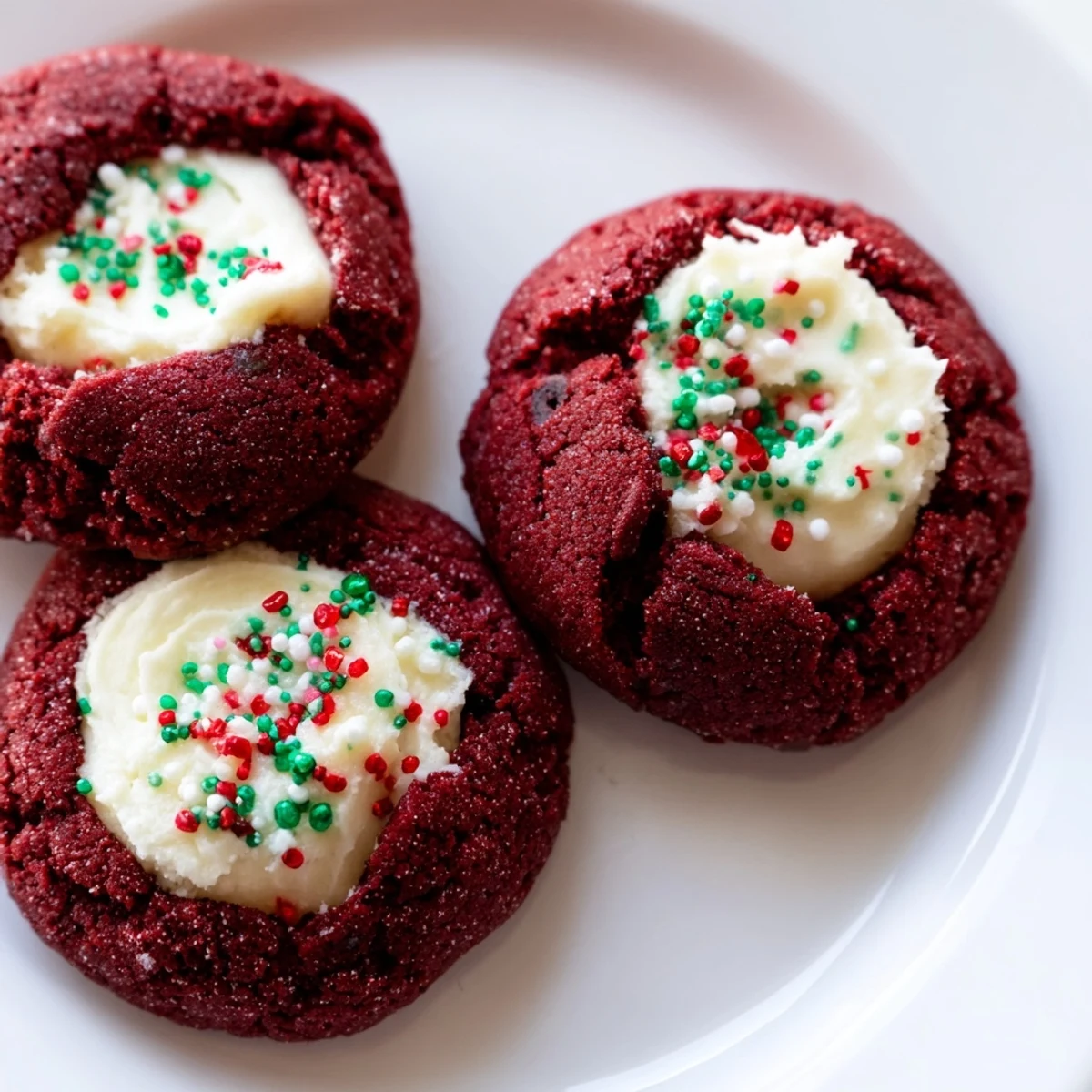 Bright red velvet thumbprint cookies topped with smooth cream cheese centers dusted in powdered sugar