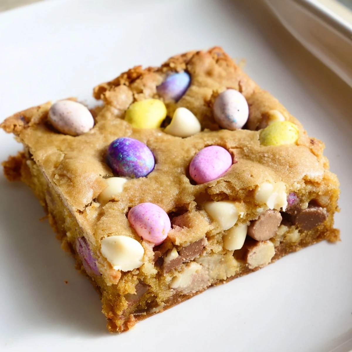 Chewy mini Cadbury Easter egg blondies with colorful candy pieces on a rustic cutting board