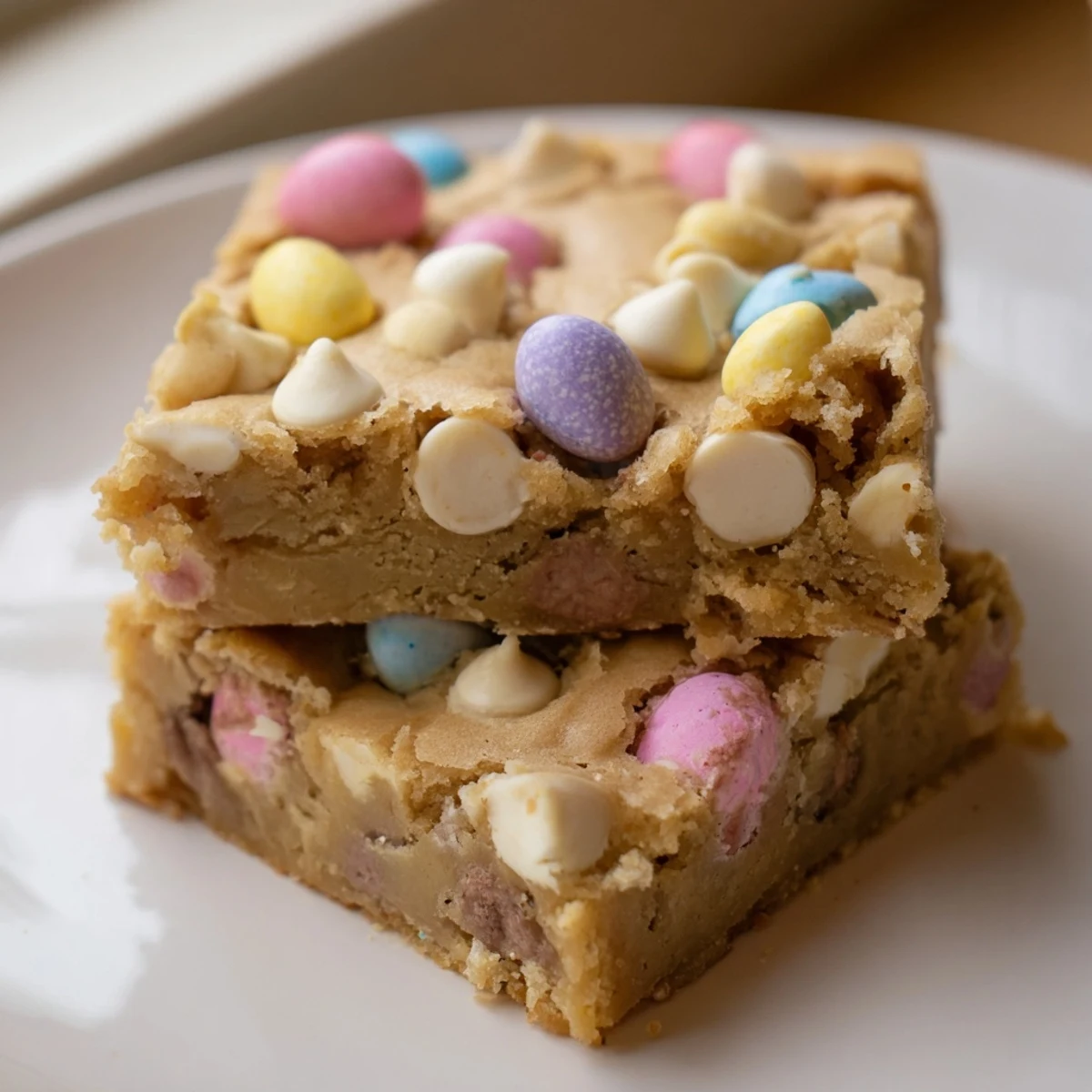 Gooey mini Cadbury Easter egg blondies packed with chocolate chips and pastel candy topping