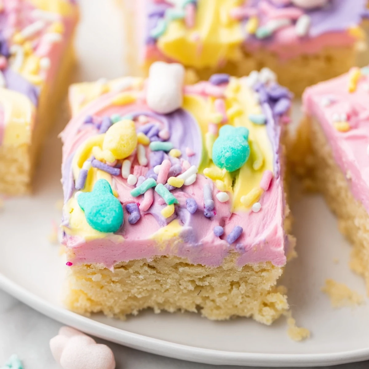 Soft Easter sugar cookie bars with swirled pastel frosting and colorful rainbow sprinkles