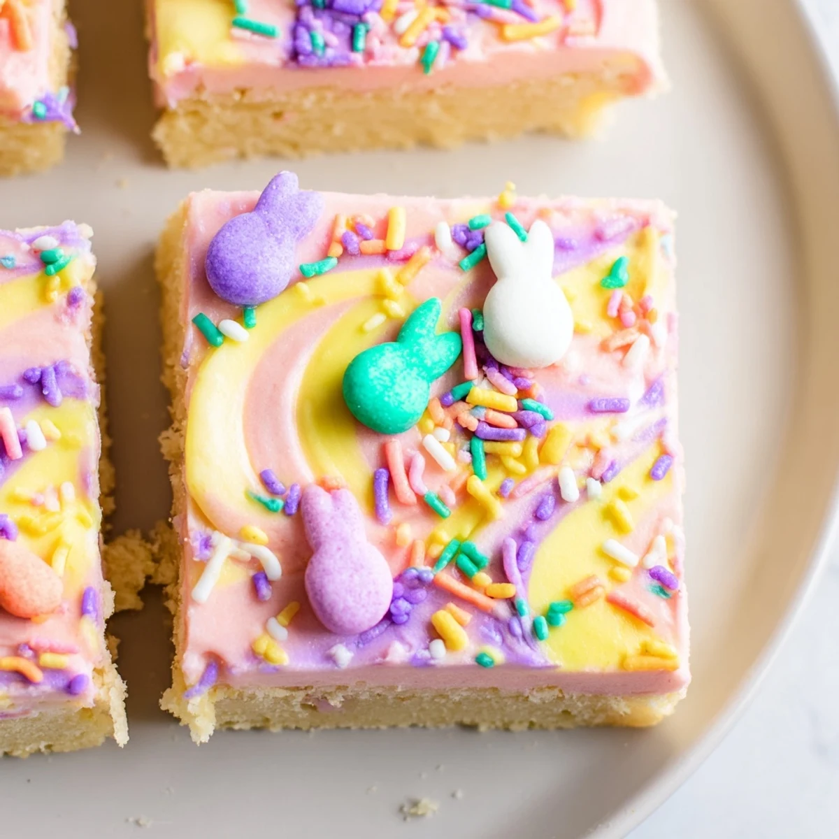 Thick sliced Easter sugar cookie bars topped with creamy pink frosting and sprinkles