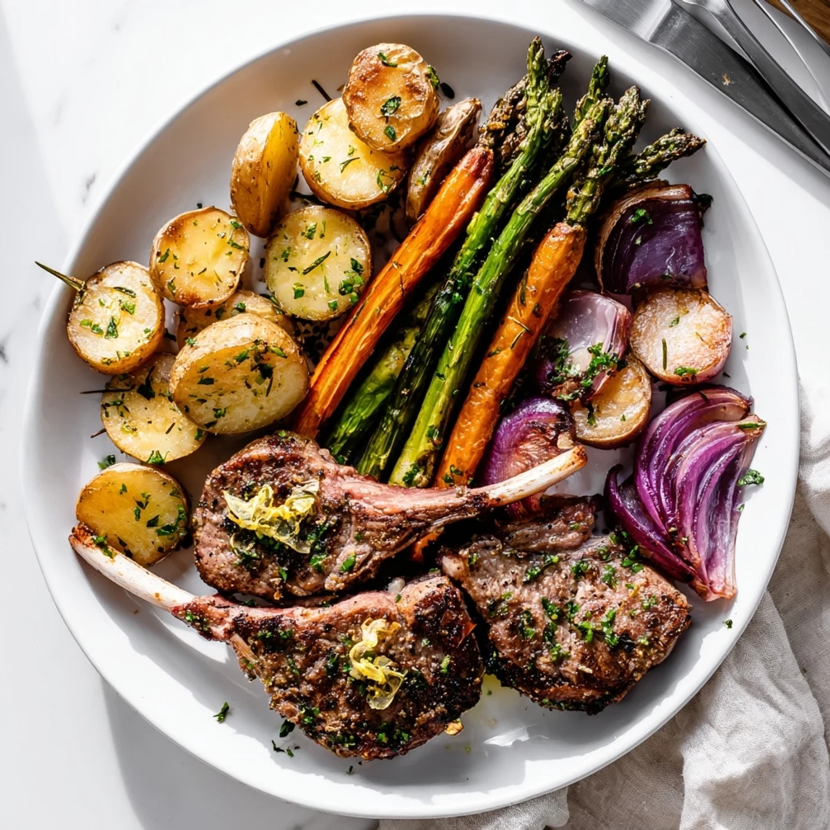 Golden herb-crusted lamb chops and roasted vegetables on a sheet pan for Easter dinner