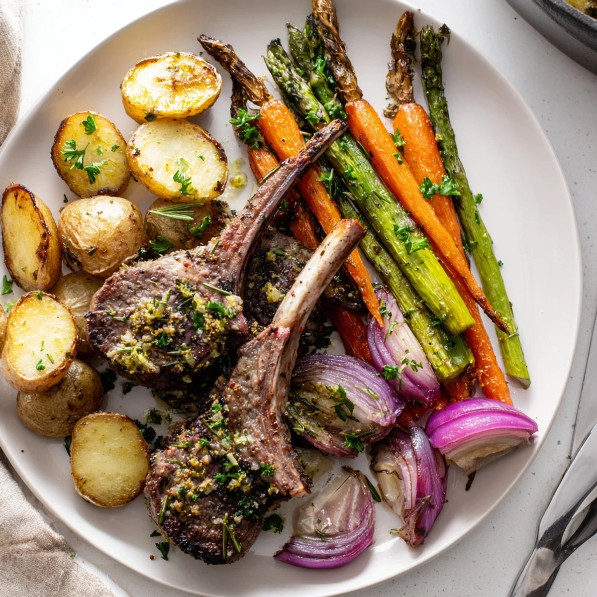 Sheet pan Easter dinner with rosemary lamb chops, baby potatoes, and vibrant roasted asparagus