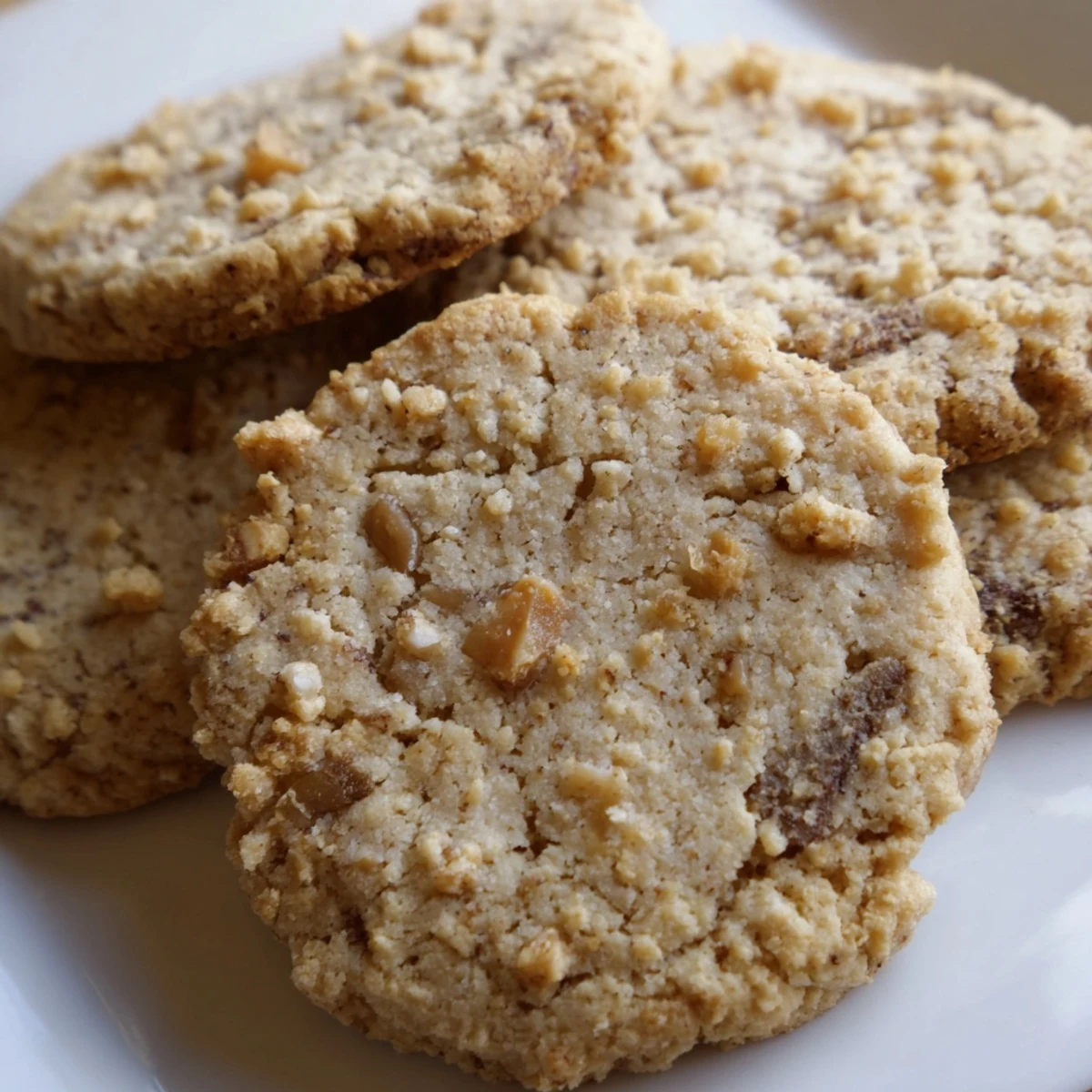 Golden espresso shortbread cookies studded with crunchy toffee bits on a rustic baking sheet