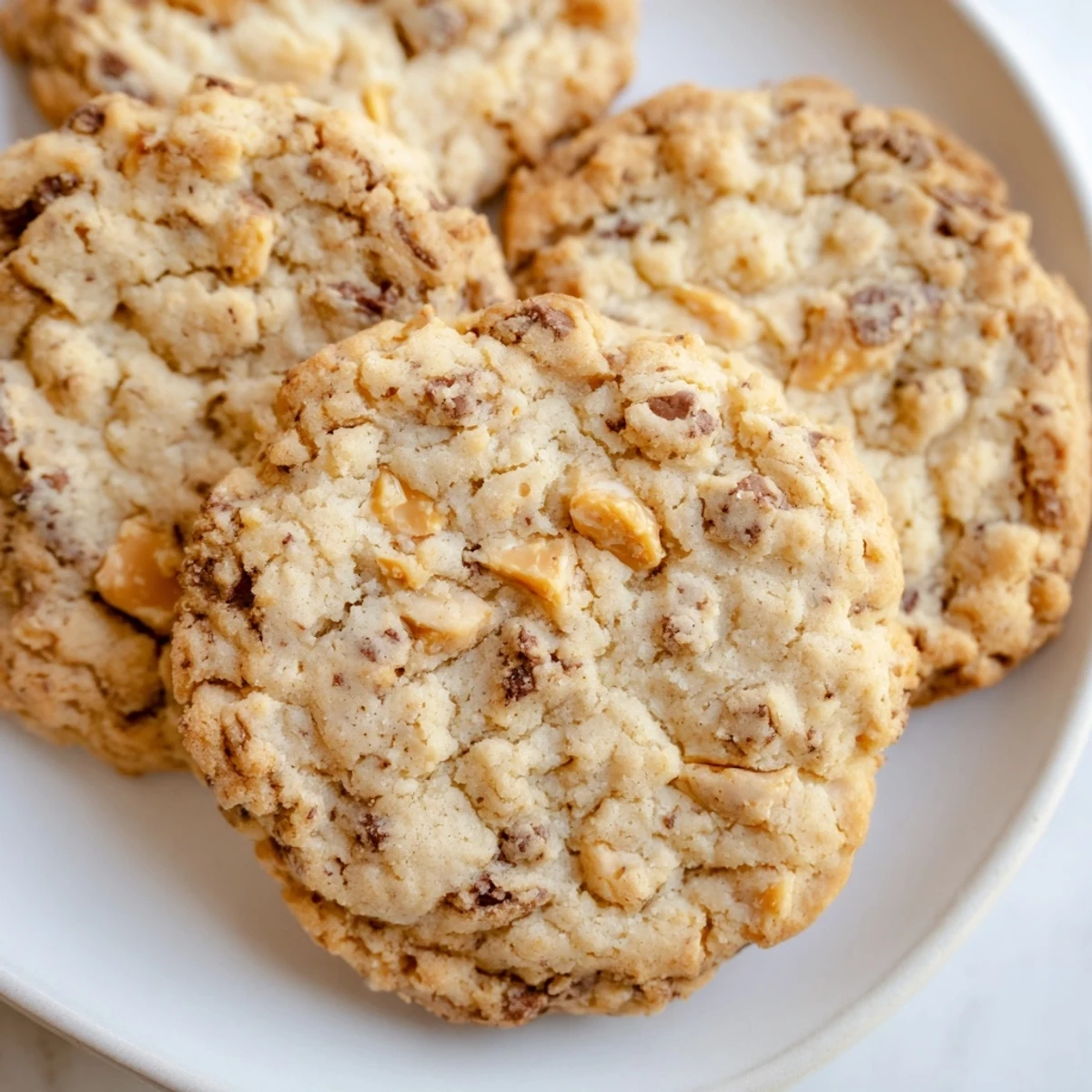 Rich espresso shortbread cookies with melted toffee chunks arranged beside a steaming coffee mug