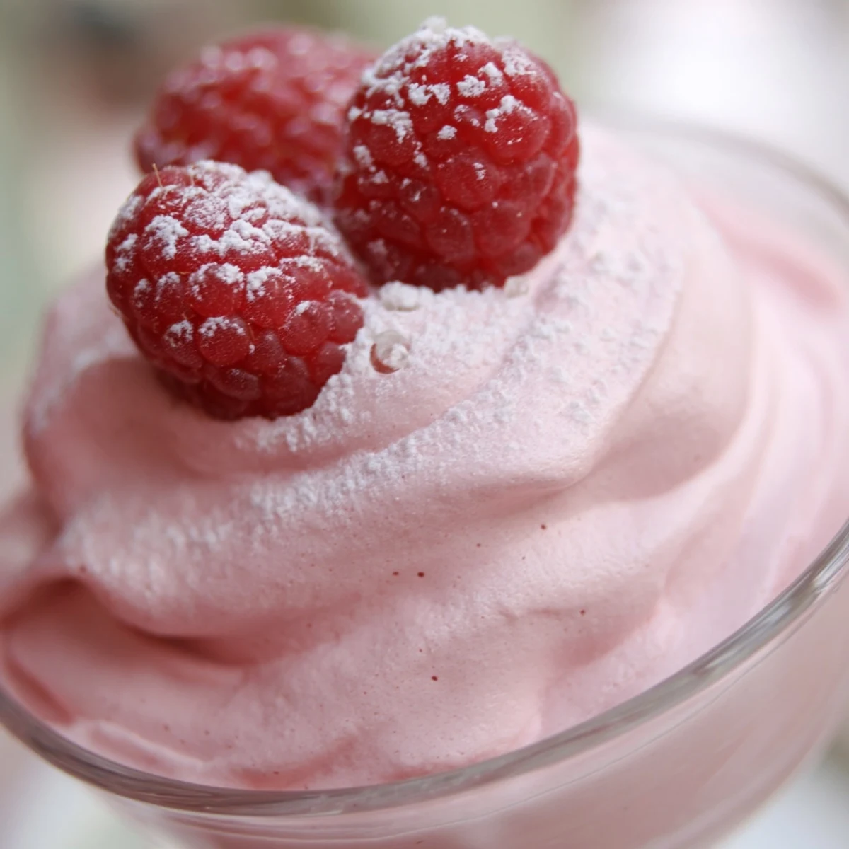 Fluffy raspberry cloud mousse topped with fresh berries in elegant glass serving cups