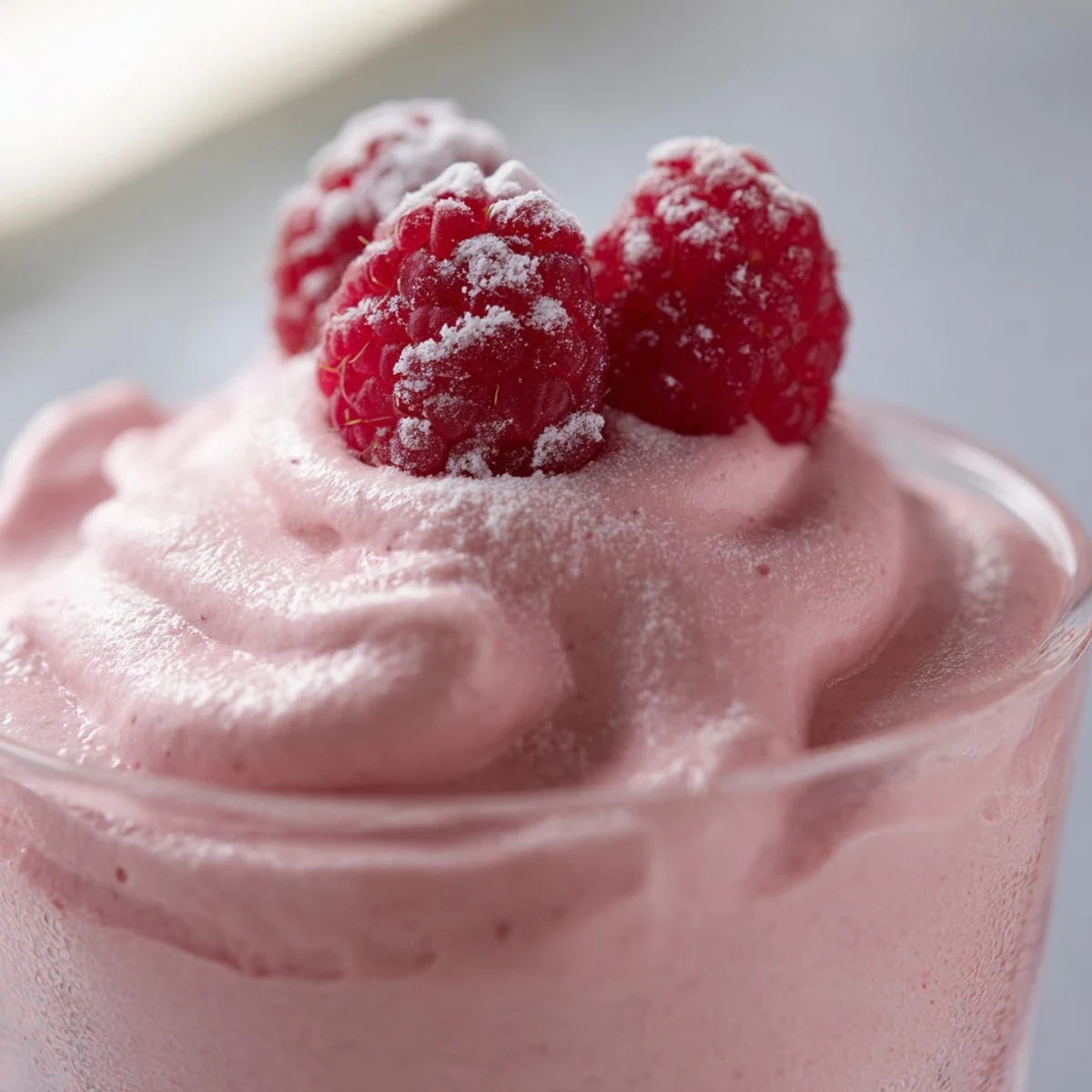 Silky pink raspberry cloud mousse swirled in a dessert glass with whipped cream