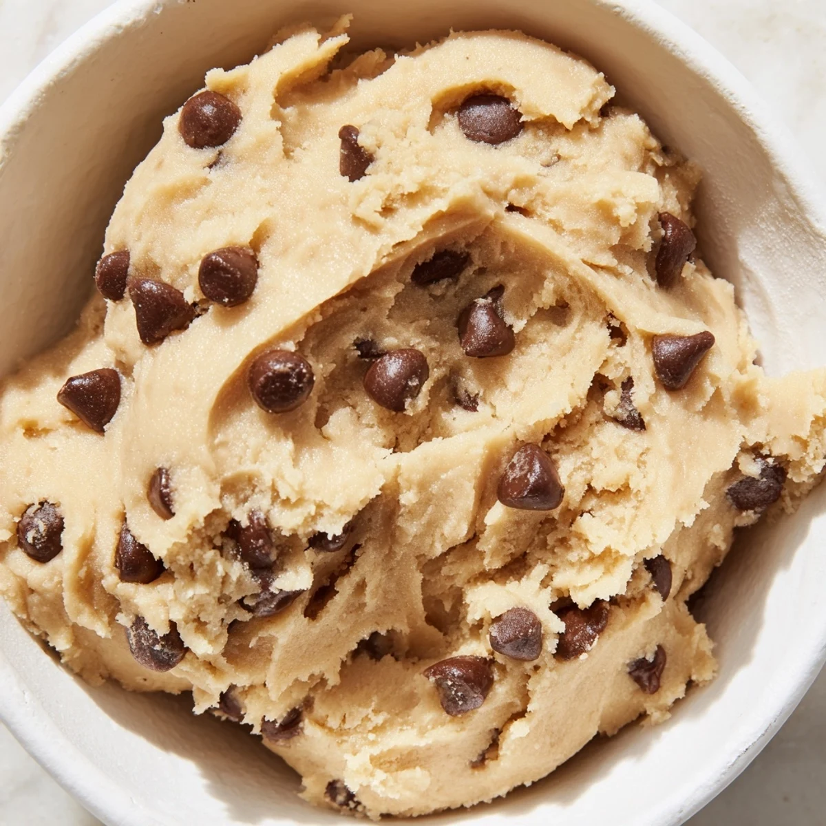 Creamy chocolate chip cookie dough scooped into balls and studded with melty chocolate chips