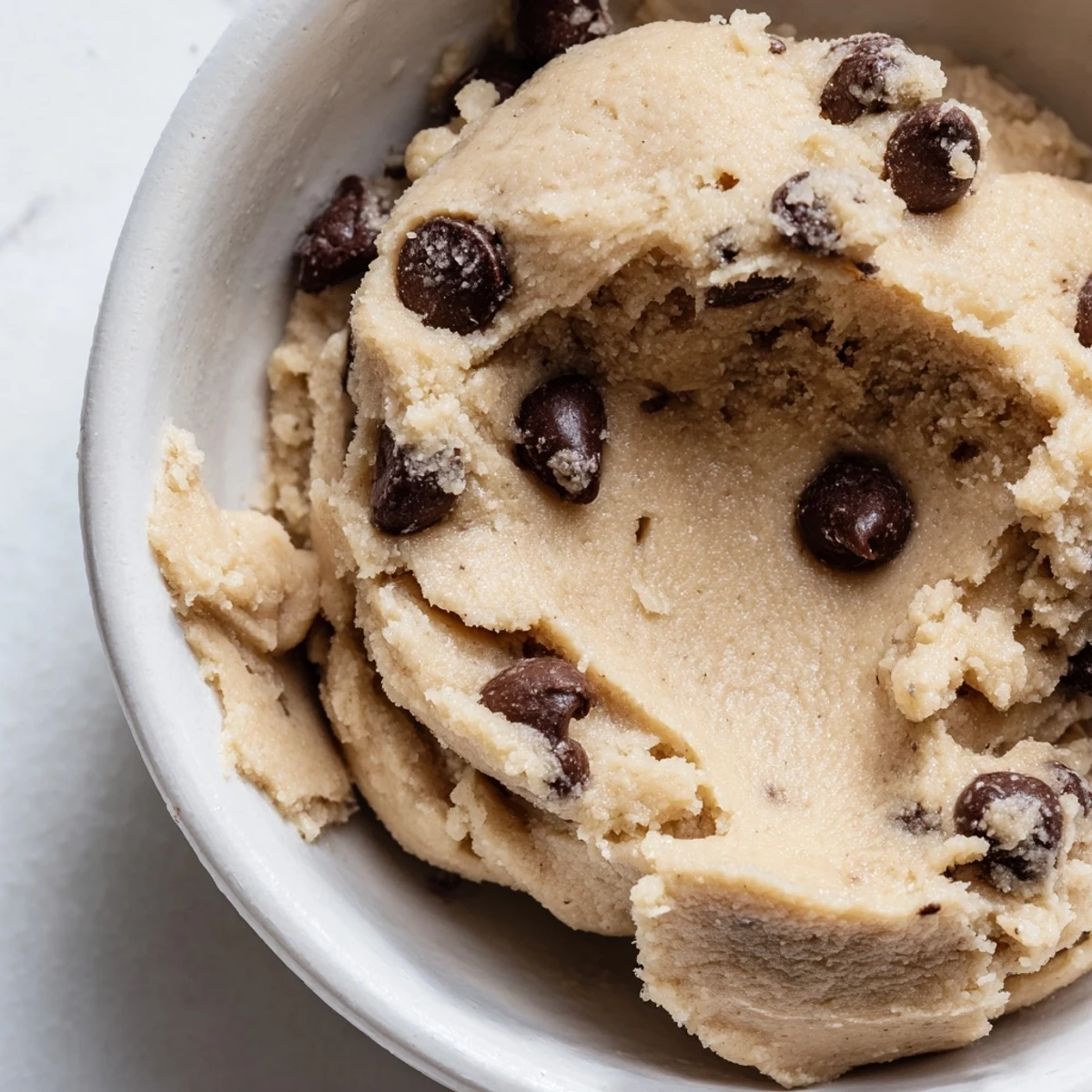 Safe-to-eat chocolate chip cookie dough in a bowl with scattered chocolate chips and wooden spoon