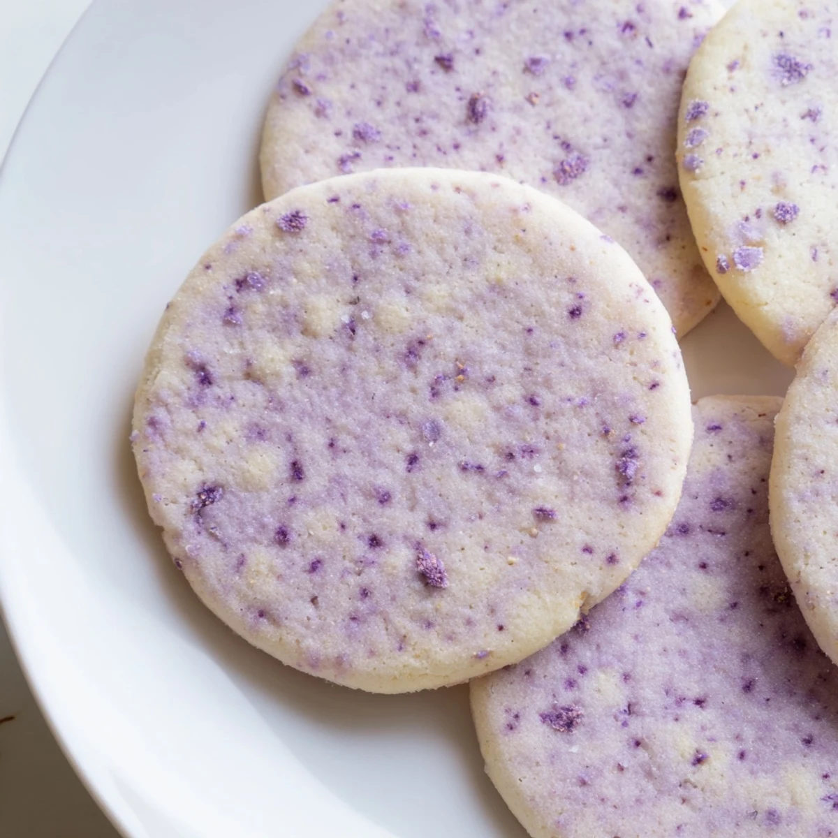 Soft lilac sugar cookies with delicate lavender edges cooling on a rustic wire rack