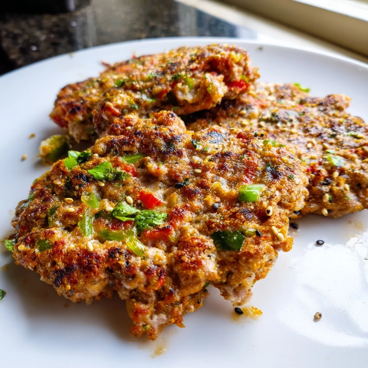 Juicy Pakistani Chapli Kabab with charred edges resting on a white serving platter