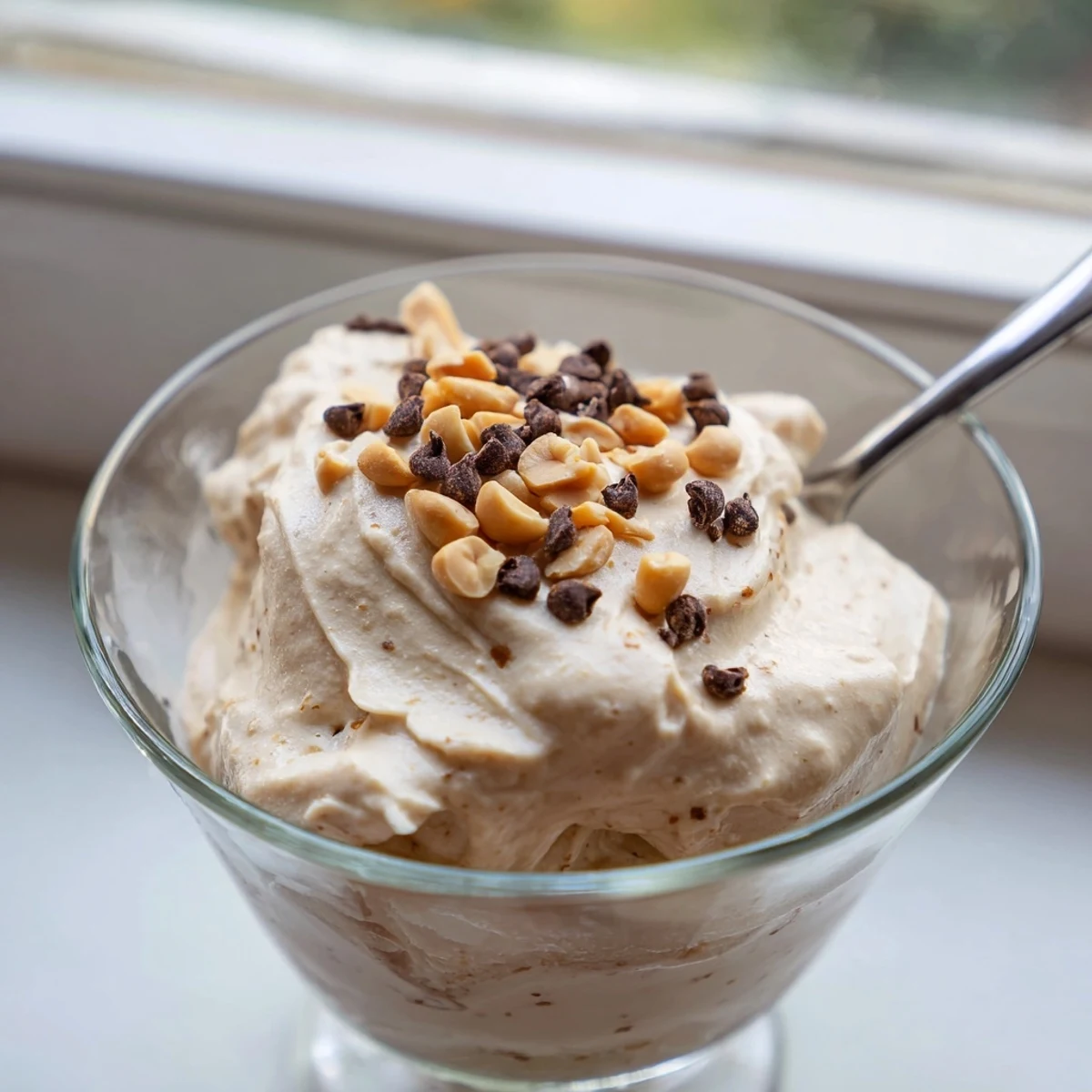 Fluffy Peanut Butter and Cool Whip Mousse spooned into dessert cups with chopped peanuts