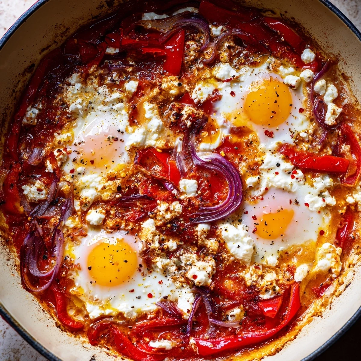 Creamy baked feta eggs with tender vegetables and aromatic herbs in a rustic skillet