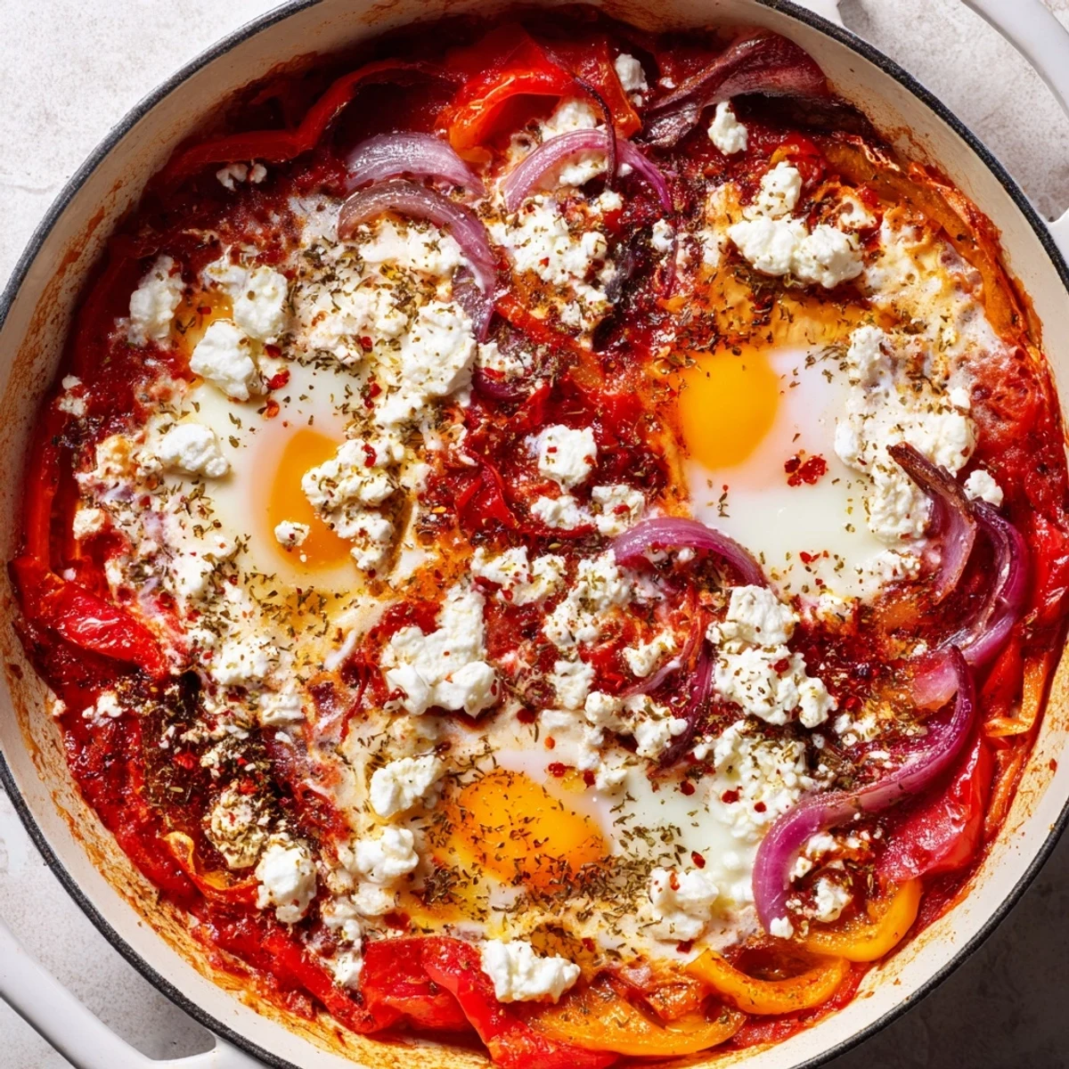 Golden baked feta eggs topped with red pepper flakes and fresh green parsley