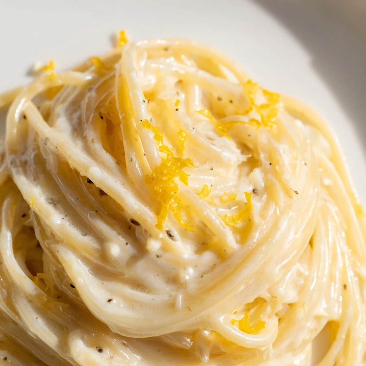 Golden strands of Parmesan Lemon Pasta glistening with buttery sauce in a white serving bowl