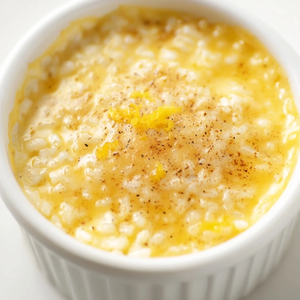 Creamy Portuguese rice custard in ramekins topped with golden cinnamon sugar sprinkled evenly
