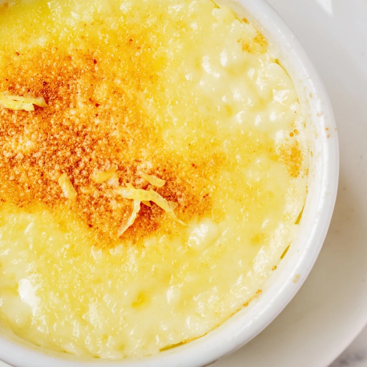 Silky Portuguese rice custard with a caramelized cinnamon dusting served in small dessert bowls
