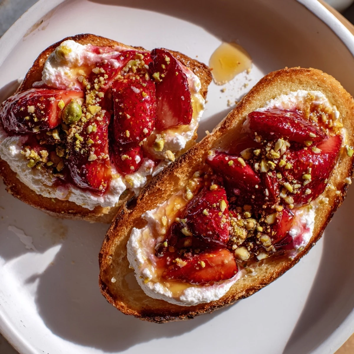 Crispy golden toast topped with fluffy whipped ricotta and syrupy roasted strawberry whipped ricotta toast