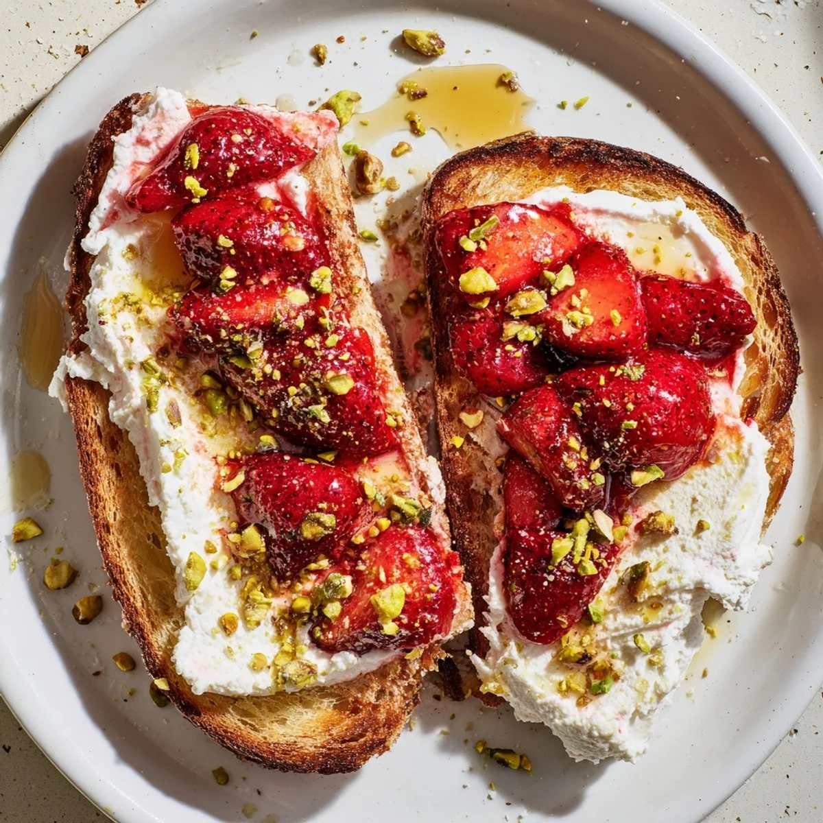 Creamy lemon-zest whipped ricotta spread on rustic bread with jewel-toned roasted strawberries cascading down