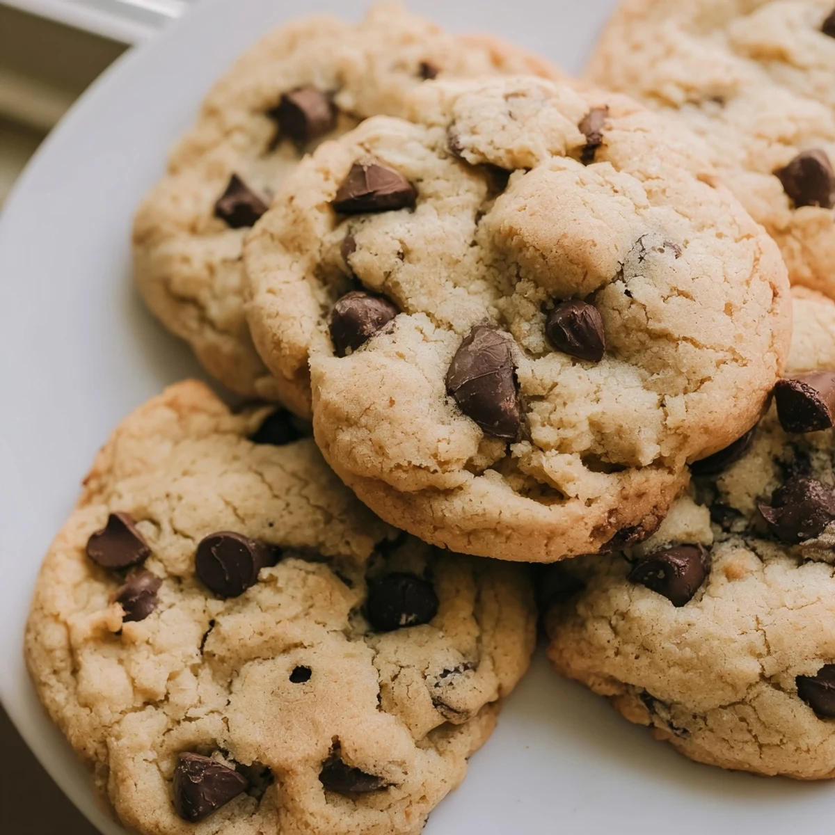 Soft nut free chocolate chip cookies with golden edges stacked on a cooling rack