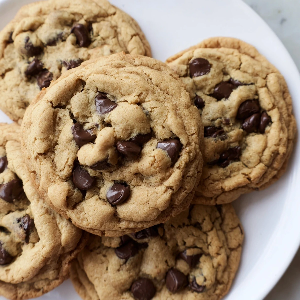 Warm nut free chocolate chip cookies fresh from the oven with melty chocolate chips