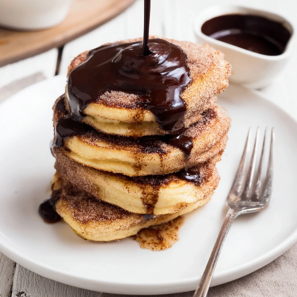 Golden Spanish churro pancakes stacked high with rich chocolate sauce drizzled on top