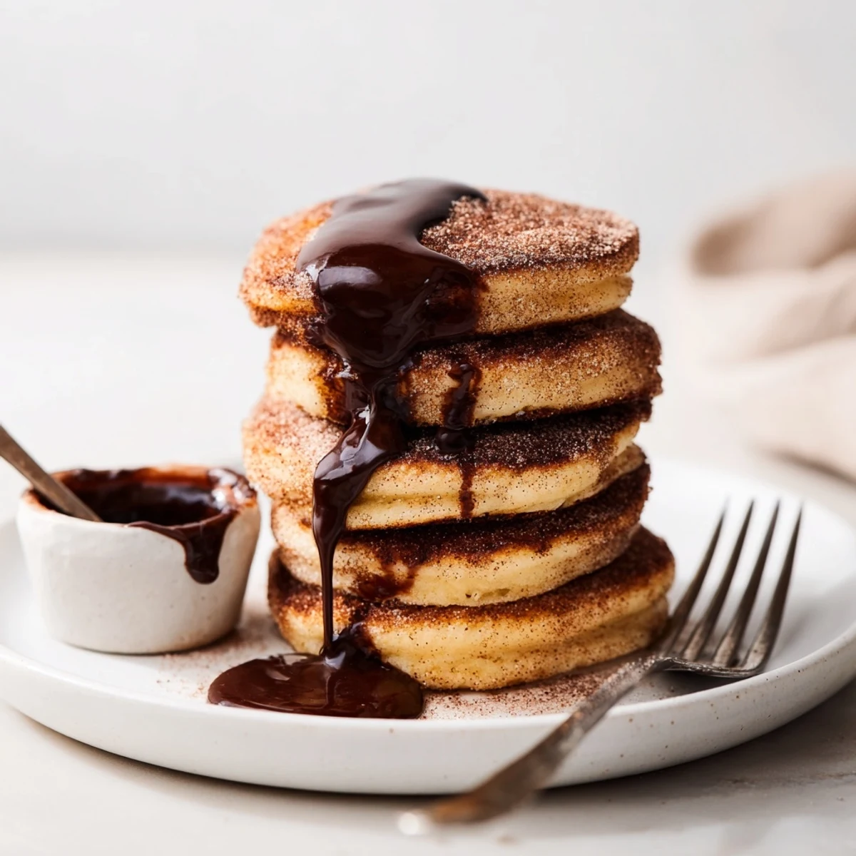 Fluffy Spanish churro pancakes coated in cinnamon sugar served with warm chocolate dipping sauce