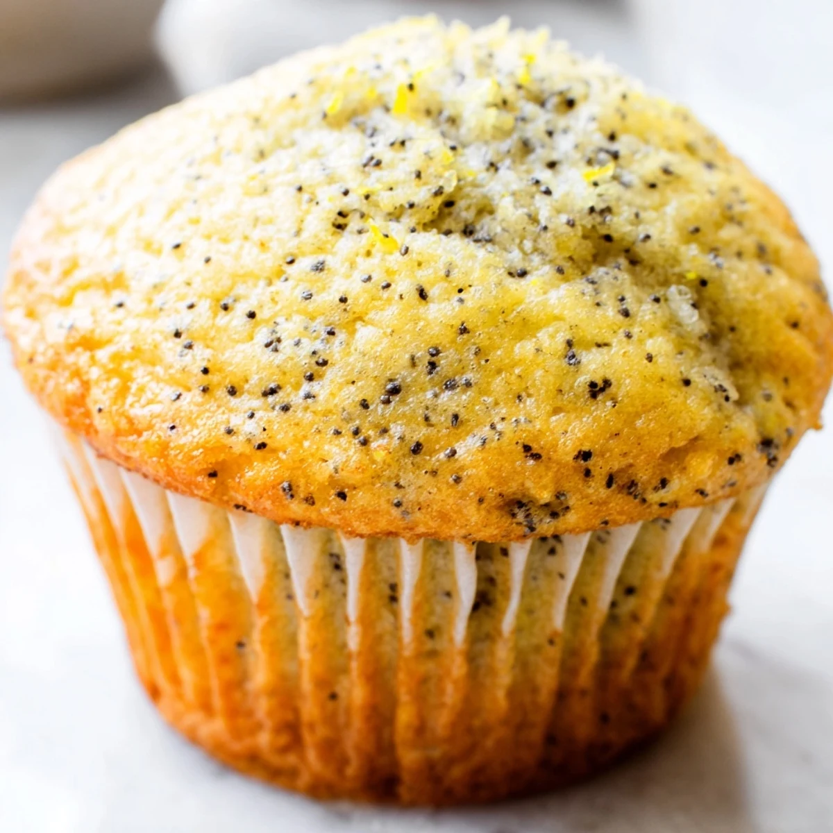 Moist lemon poppy seed muffins studded with speckled seeds on a white ceramic serving plate