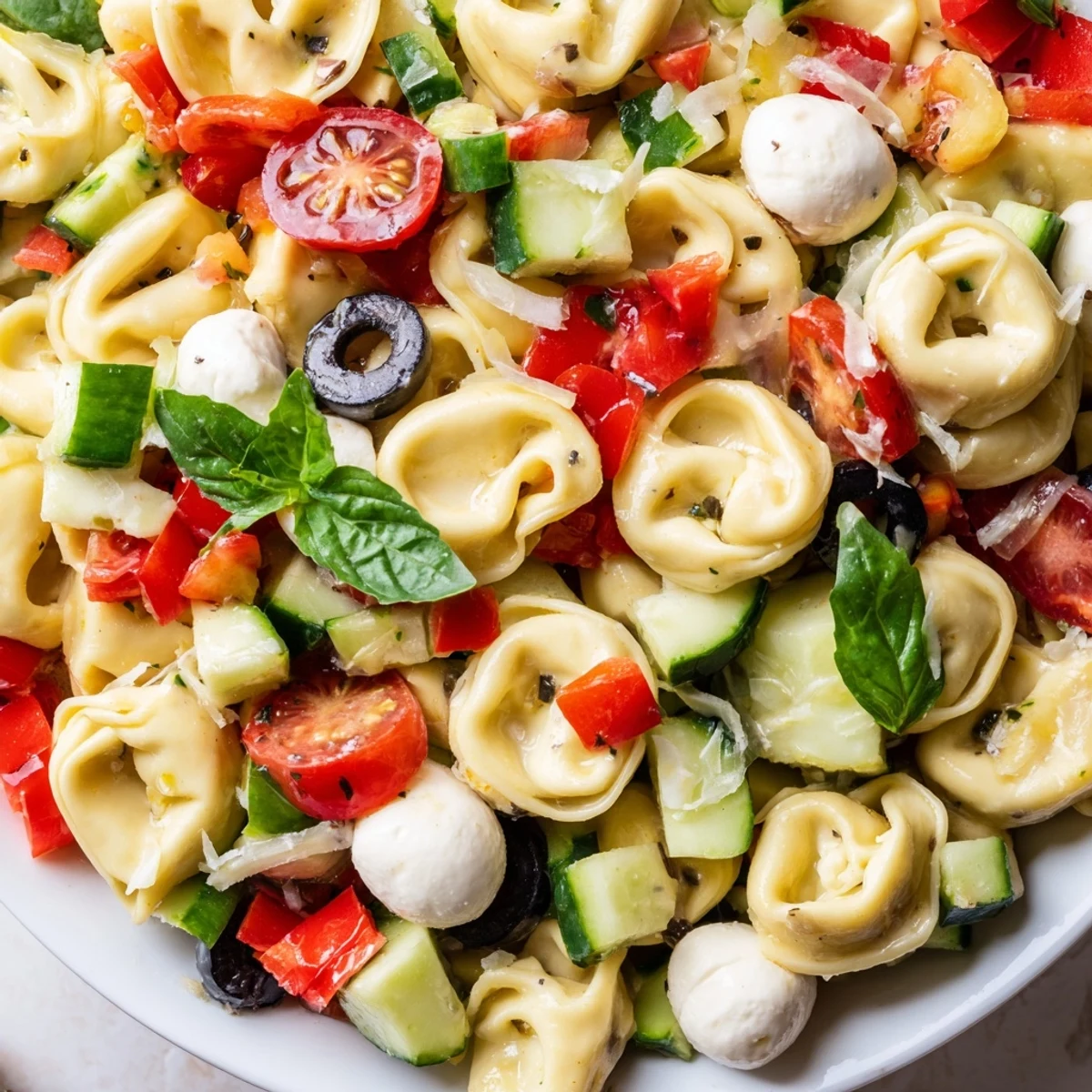 Colorful tortellini salad loaded with fresh vegetables and drizzled with zesty Italian dressing