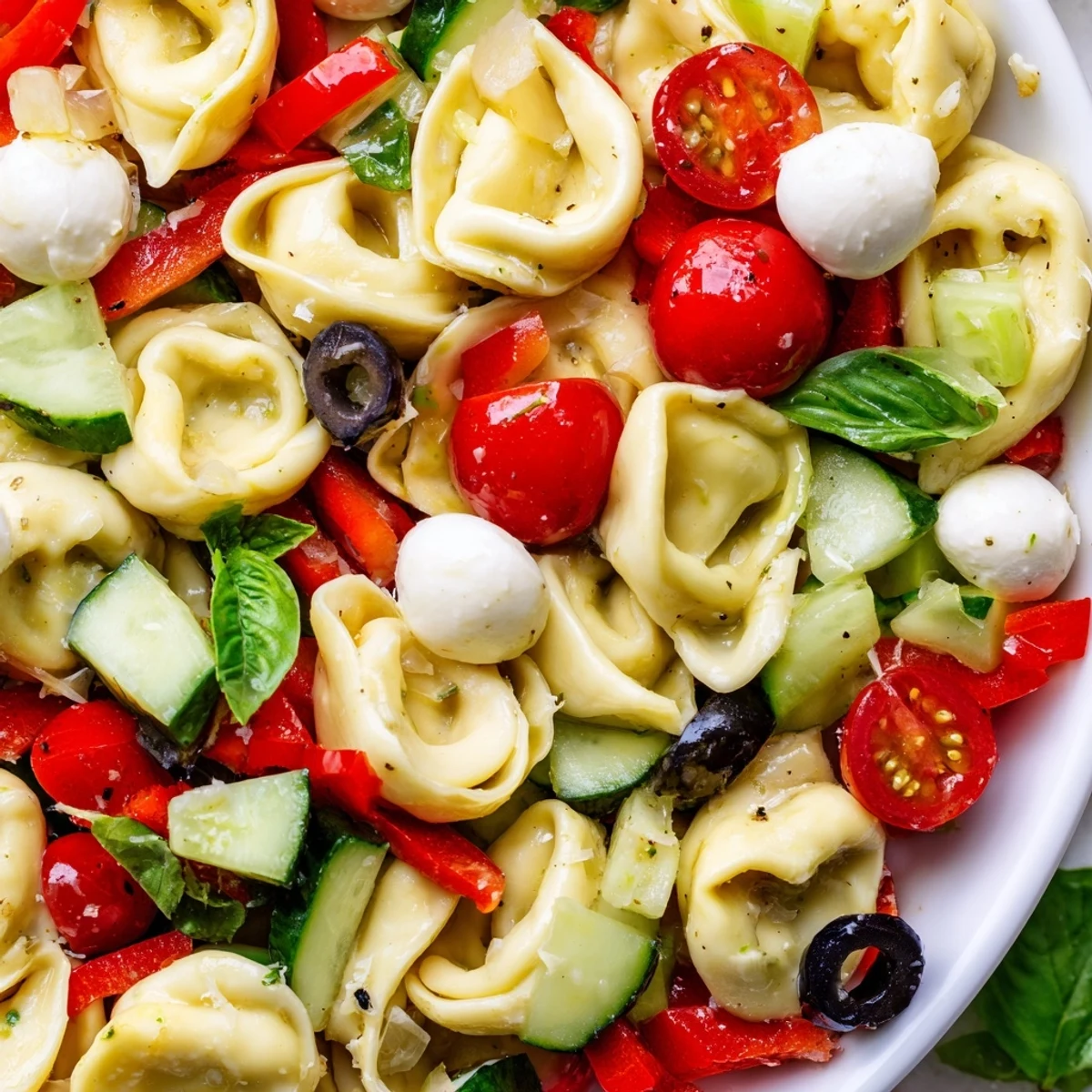 Tortellini salad featuring tender cheese pasta crisp veggies and creamy mozzarella balls