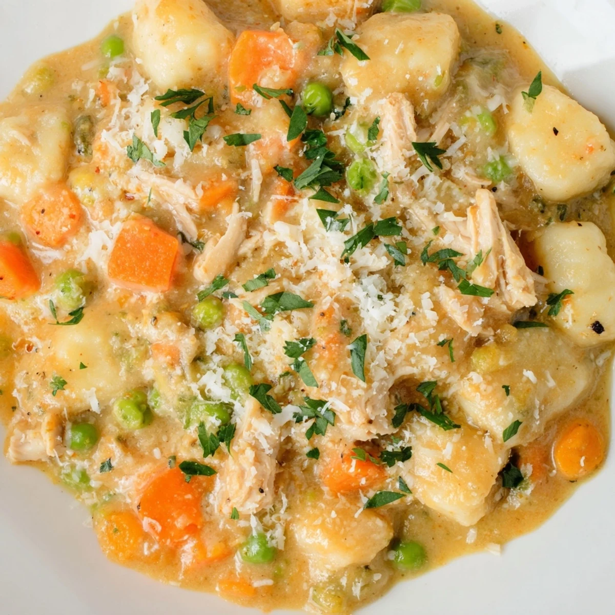 Creamy one pot gnocchi chicken pot pie with tender vegetables in golden savory sauce