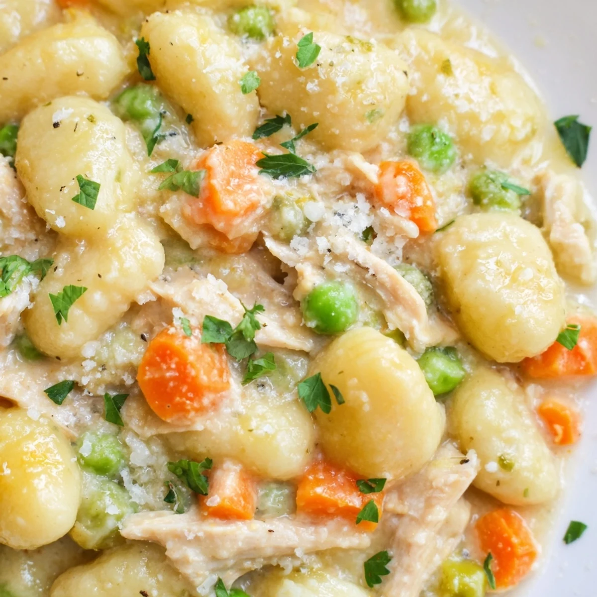 Steaming one pot gnocchi chicken pot pie topped with fresh parsley garnish