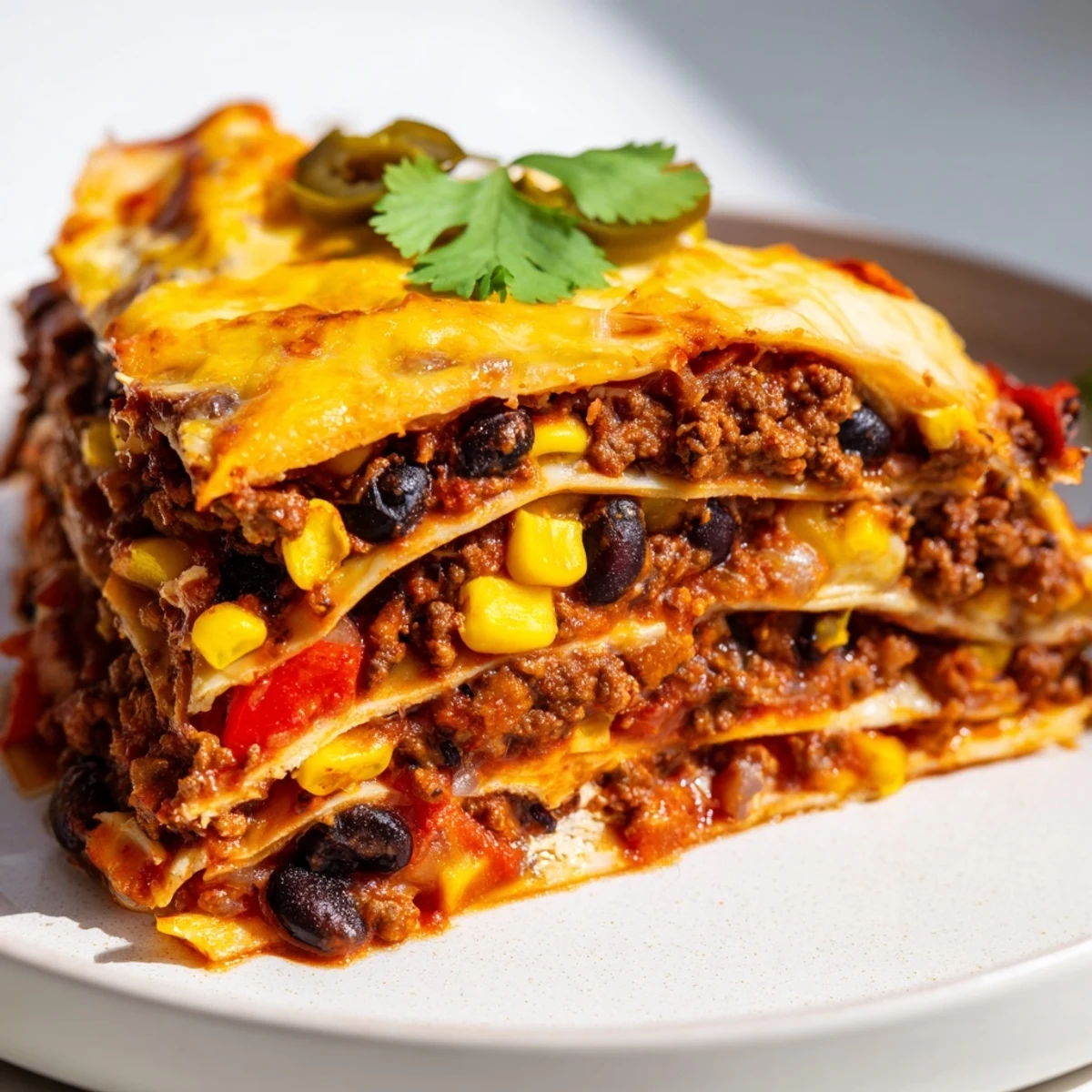 Golden melted cheese tops this hearty Mexican lasagna with layers of seasoned beef