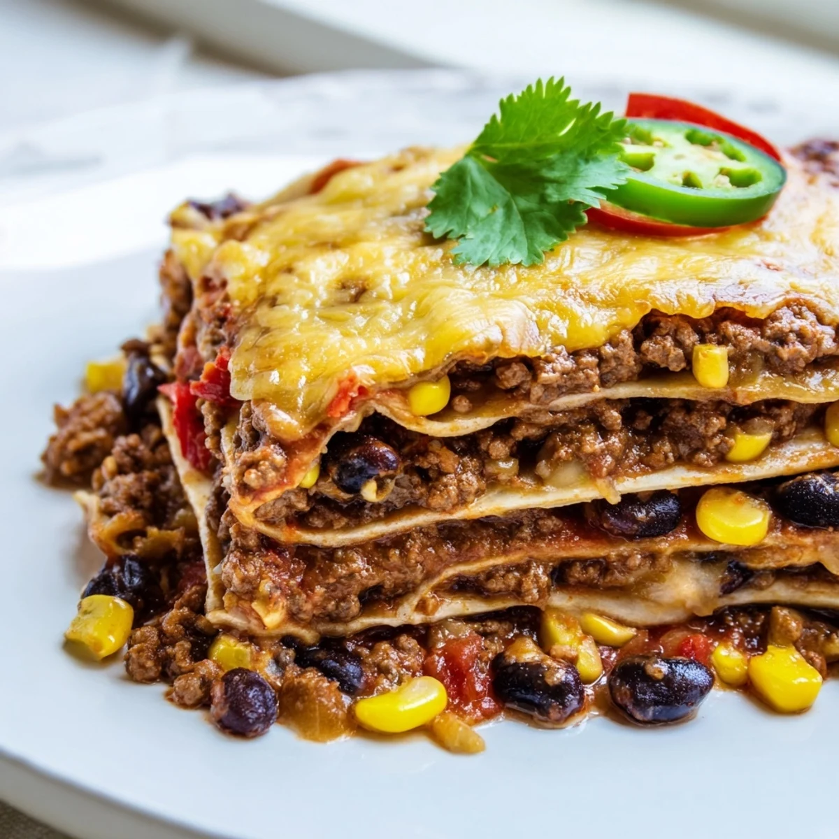 Warm Mexican lasagna fresh from oven with bubbly cheese and colorful pepper filling