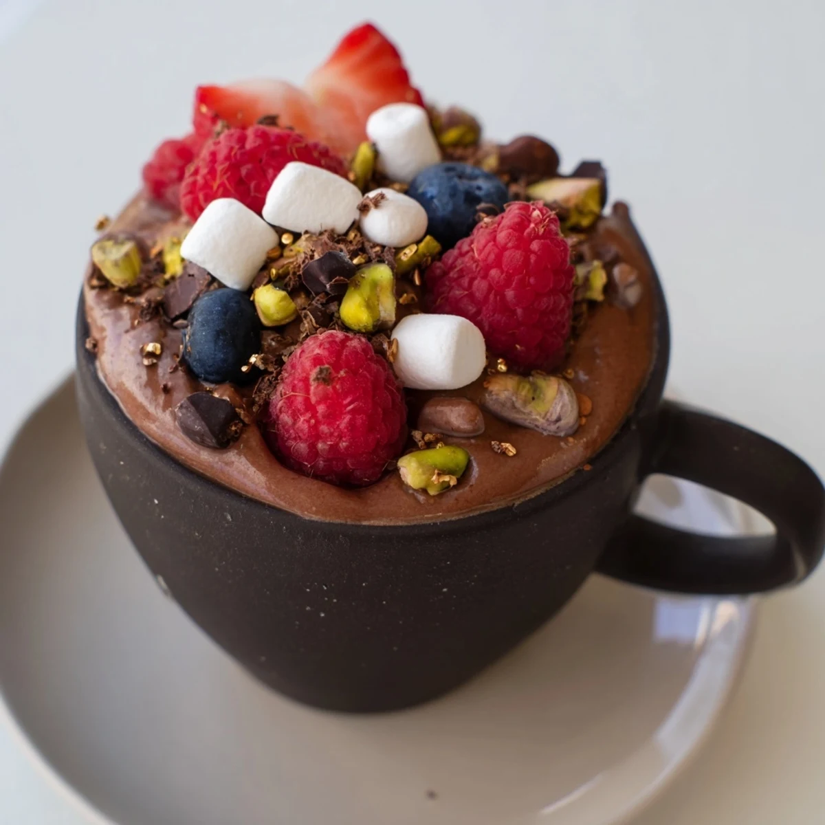 Dark chocolate grazing cups filled with silky mousse and topped with fresh berries