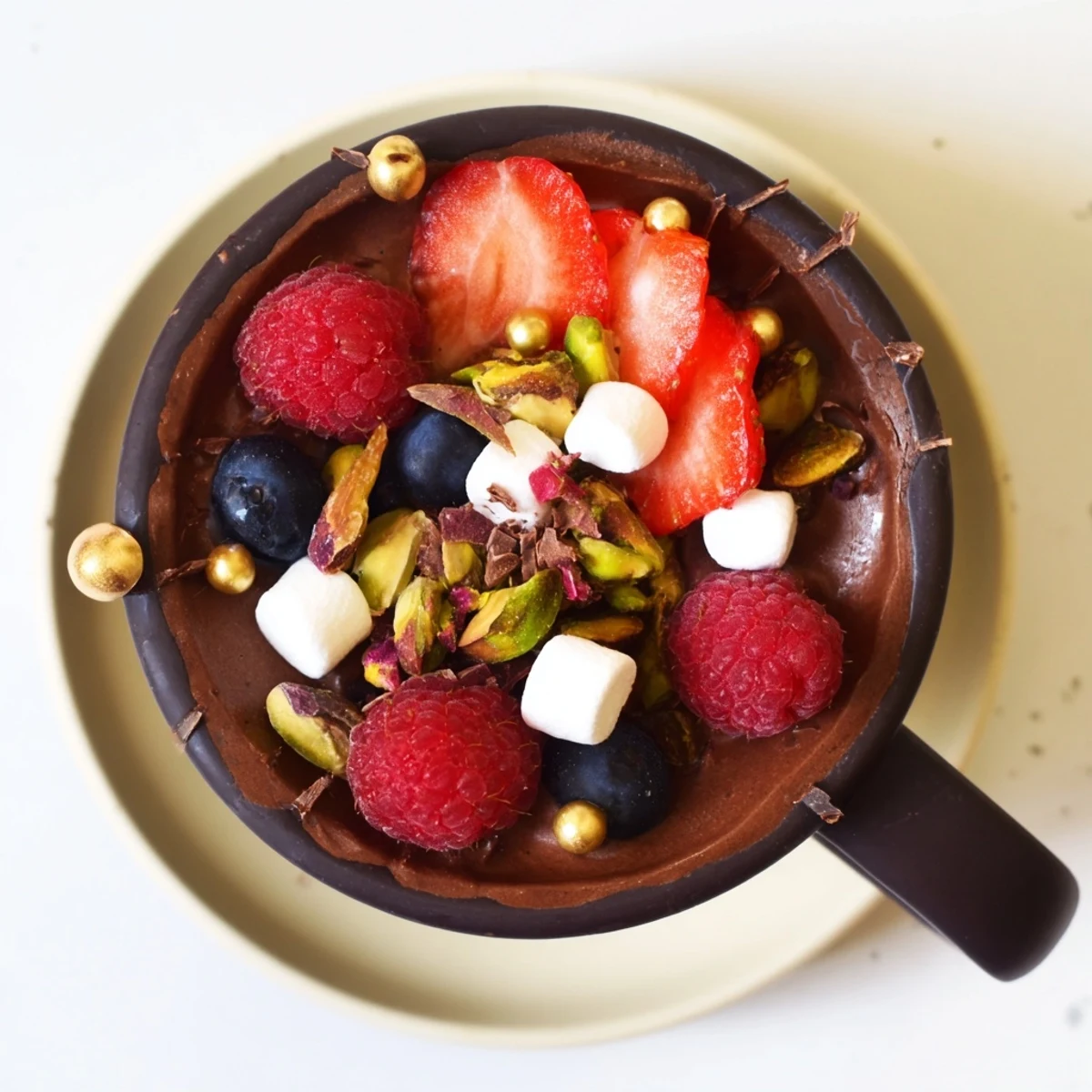 Elegant chocolate cups with creamy mousse, ripe berries, and crunchy nut garnishes