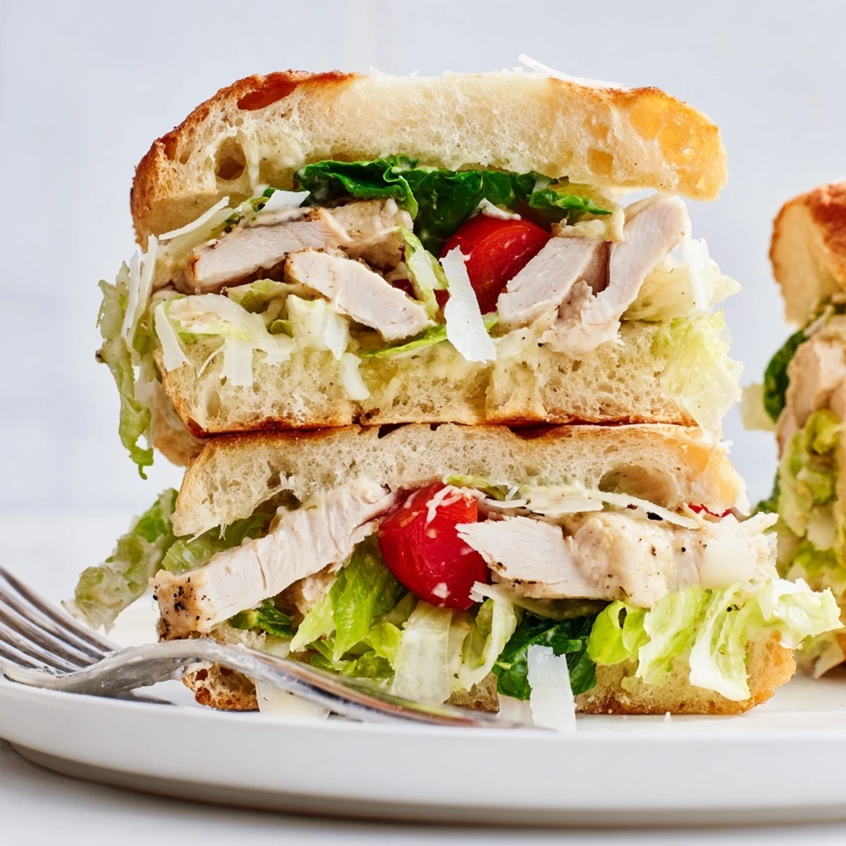 Golden grilled Chicken Caesar Sandwich on toasted ciabatta with crisp romaine and creamy dressing