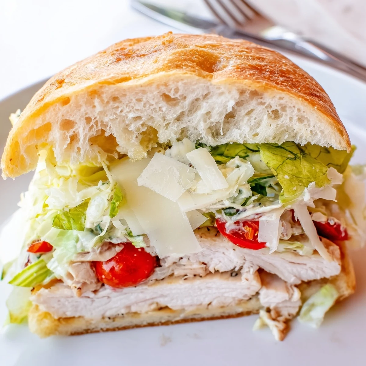 Savory Chicken Caesar Sandwich layered with shaved Parmesan and fresh romaine on crusty bread