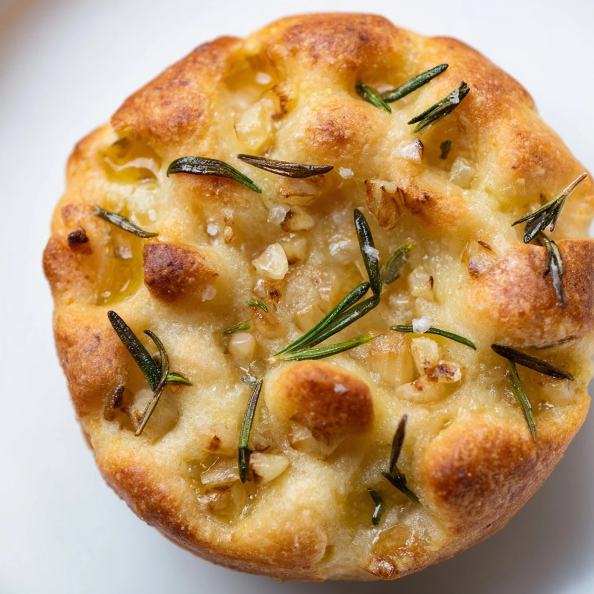 Individual Garlic Rosemary Focaccia Muffins drizzled with olive oil and sprinkled with sea salt