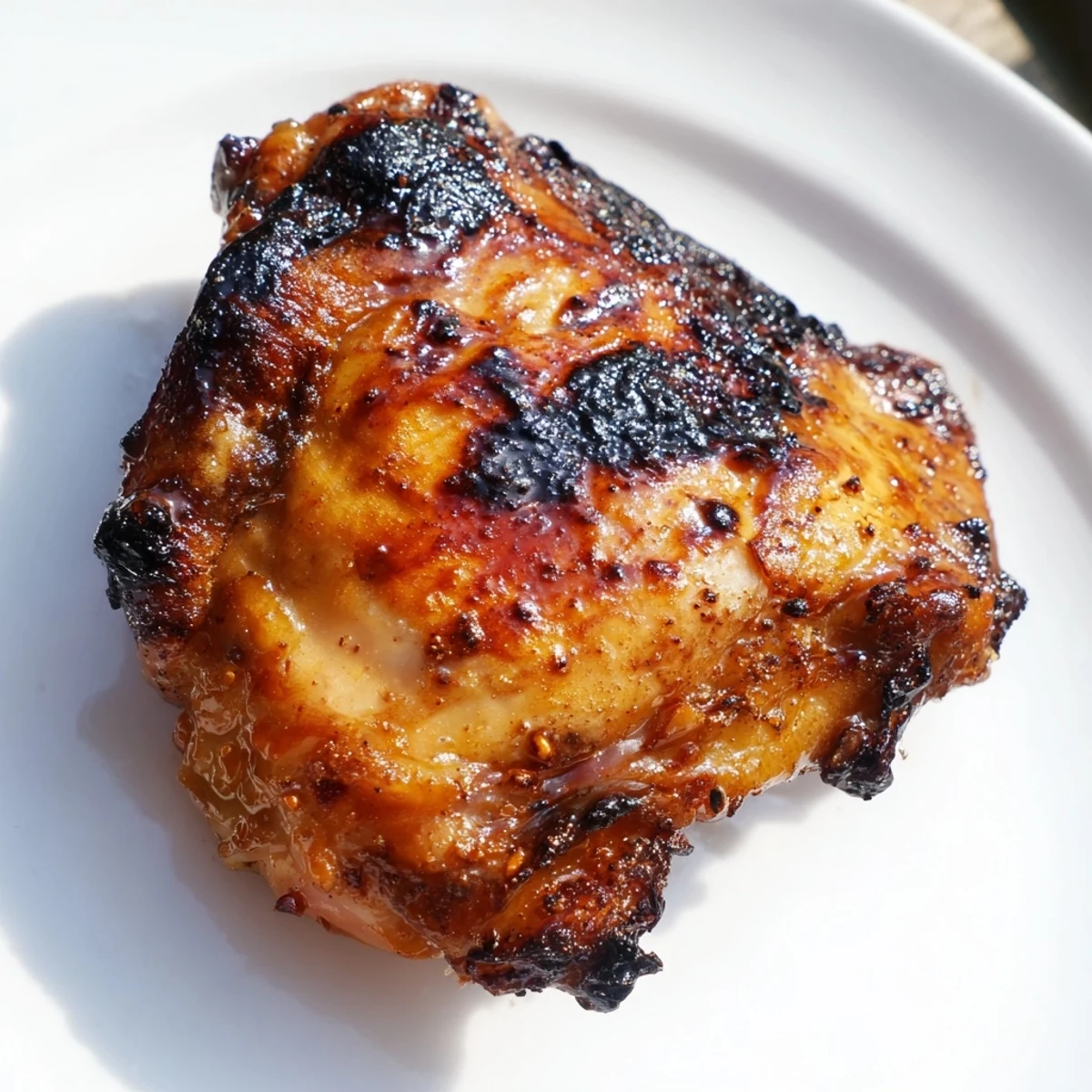 Golden crispy chicken thighs with caramelized marinade glaze on a rustic wooden serving board