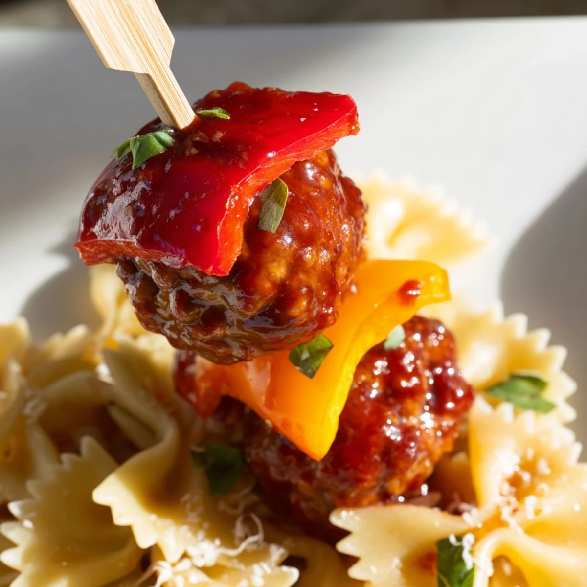 Colorful bowtie pasta and cocktail meatball skewers drizzled with sauce on a platter