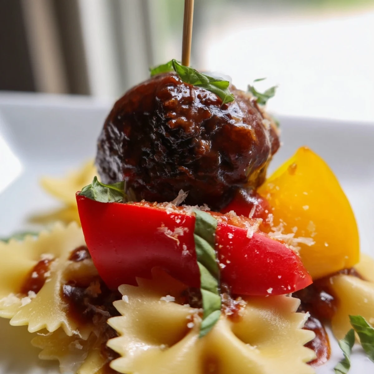 Juicy cocktail meatballs alternate with bowtie pasta and crisp bell peppers on wooden skewers