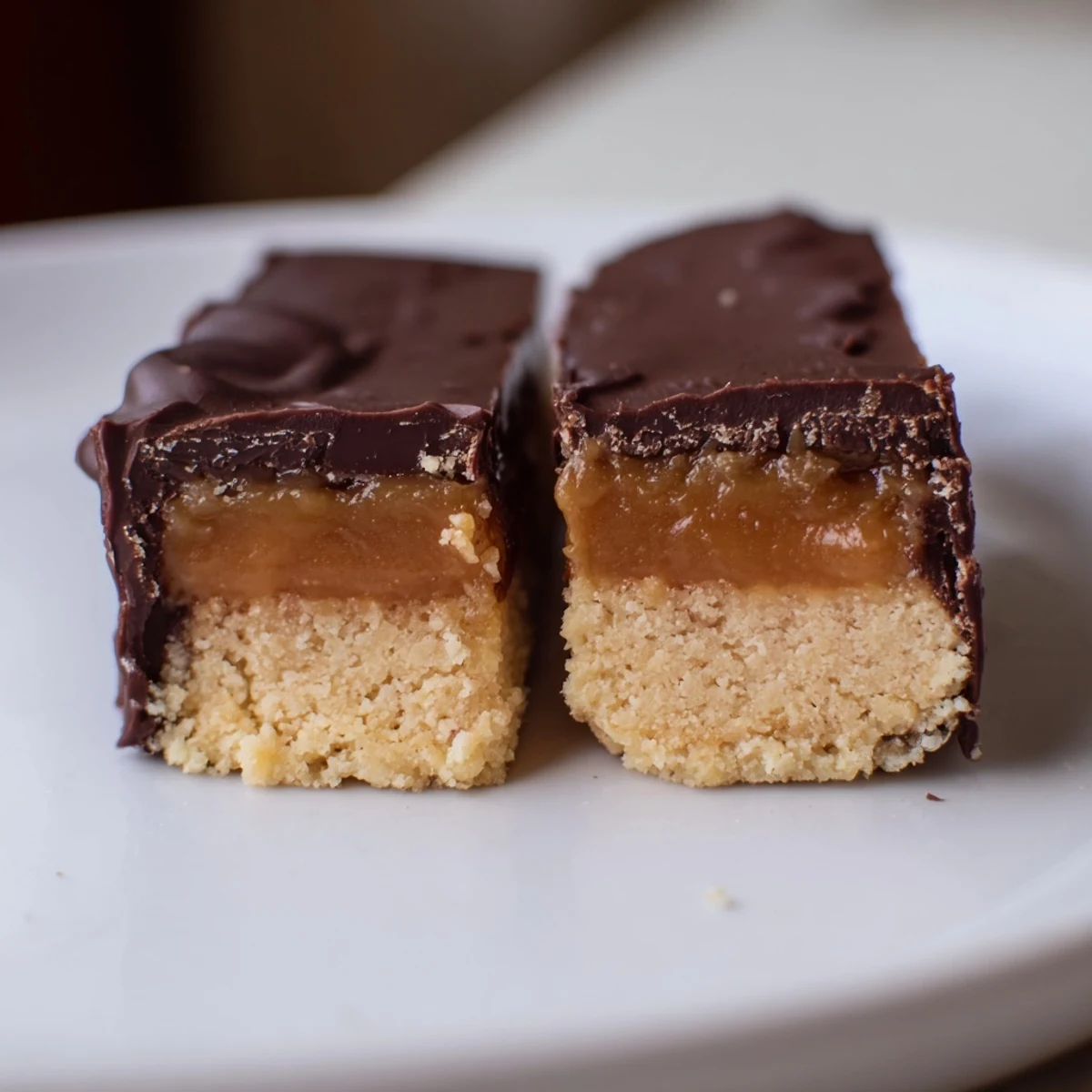 Golden healthy Twix bars with date caramel and dark chocolate topping on rustic board