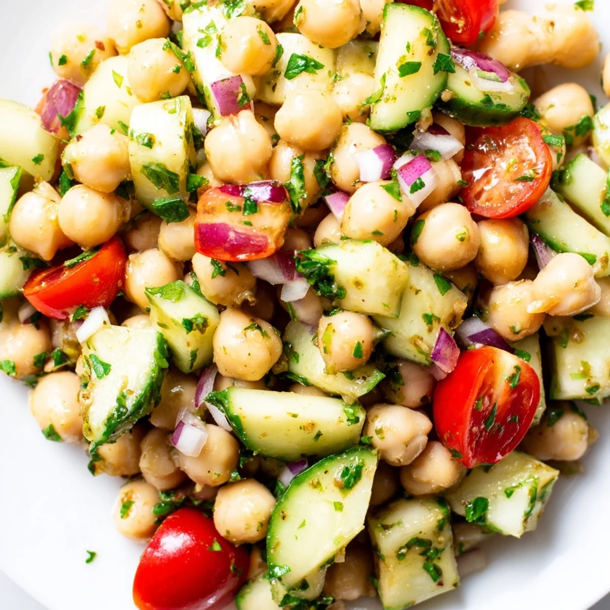 Chickpea cucumber salad in a white bowl with fresh herbs and bright lemon dressing