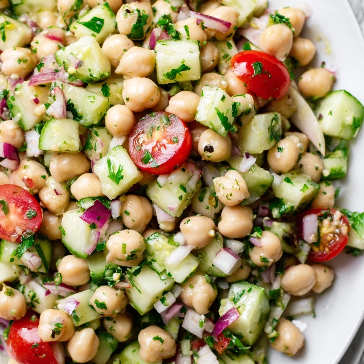 Crispy chickpea cucumber salad topped with juicy tomatoes and drizzled with olive oil