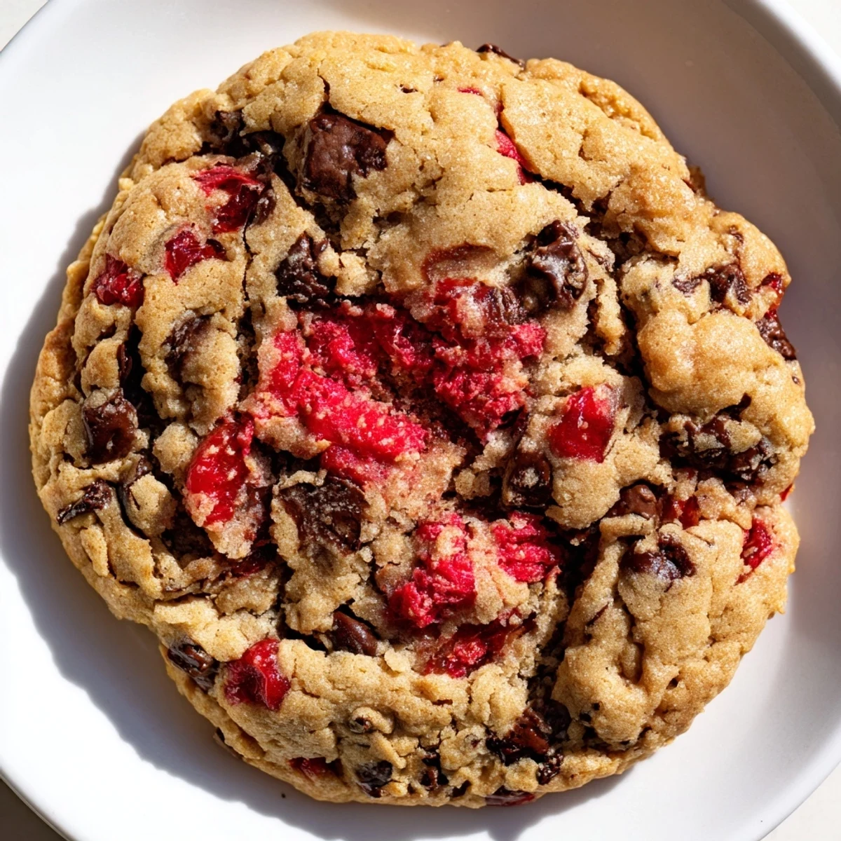 Chewy maraschino cherry chocolate chip cookie close-up showing golden edges and colorful flecks