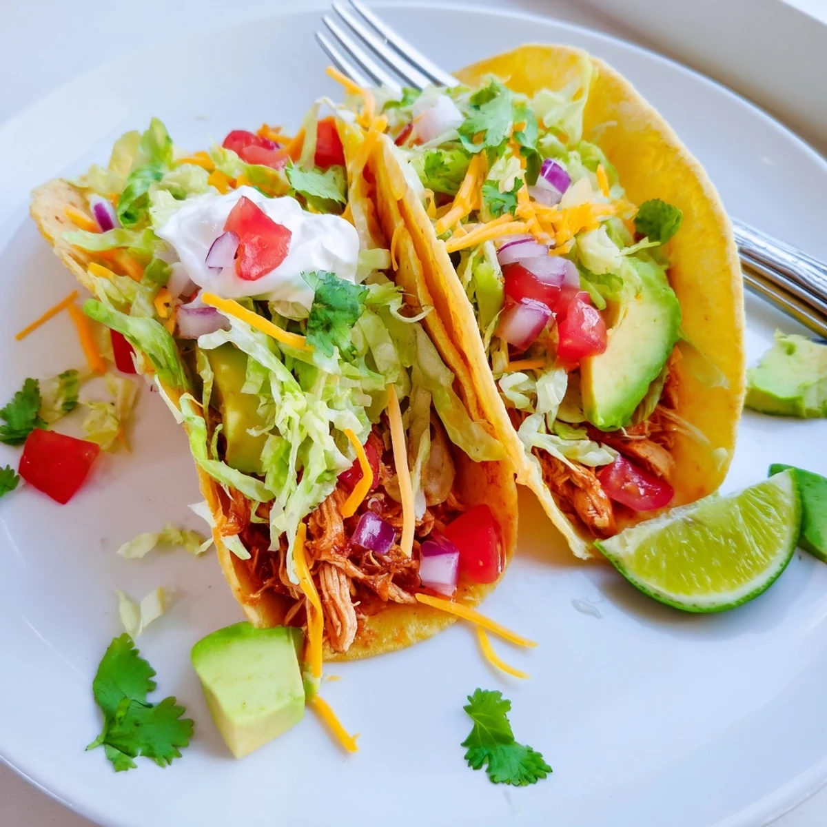 Juicy slow cooker shredded chicken tacos loaded with melted cheese and fresh cilantro garnish
