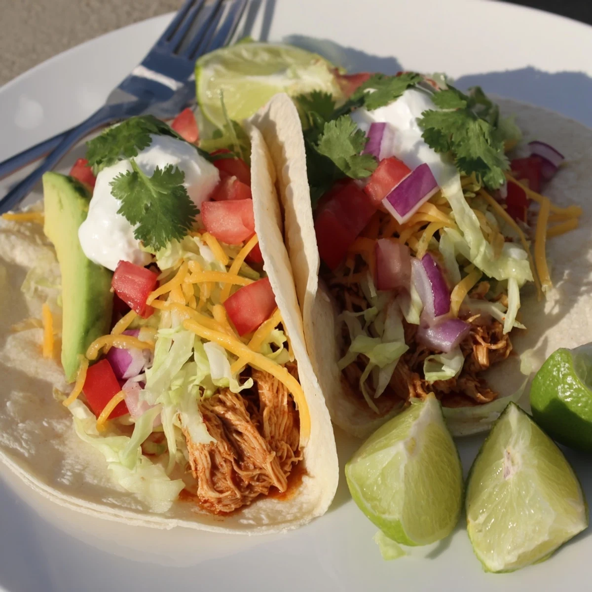 Tender slow cooker shredded chicken tacos served in crispy shells with tangy sour cream