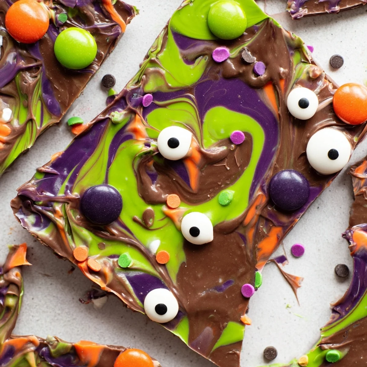 Melting Witches Bark with swirled chocolates, candy eyes, and colorful Halloween sprinkles