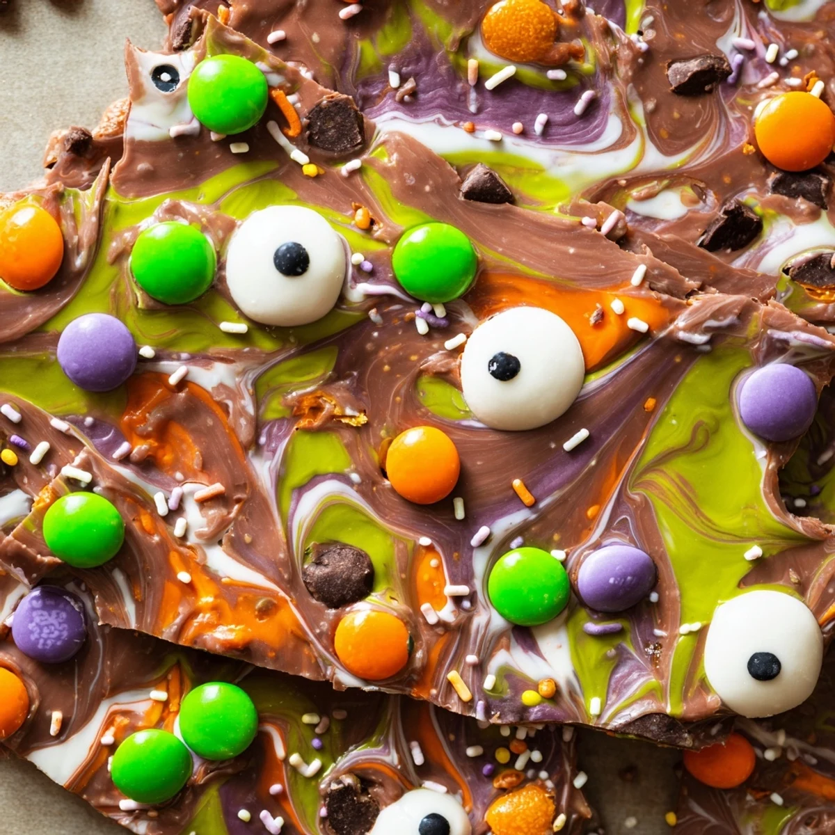 Dark and white chocolate Melting Witches Bark topped with spooky candy eyes and sprinkles